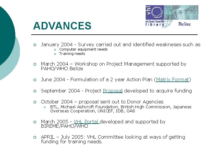 ADVANCES ¡ January 2004 - Survey carried out and identified weakneses such as ¡