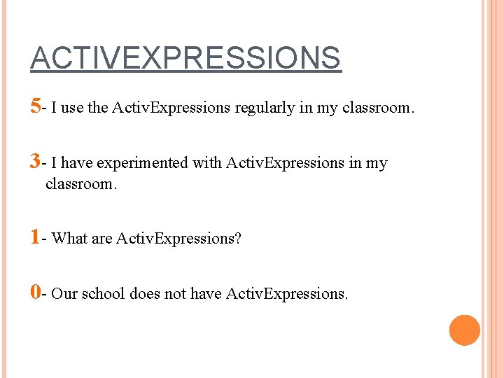 ACTIVEXPRESSIONS 5 - I use the Activ. Expressions regularly in my classroom. 3 -