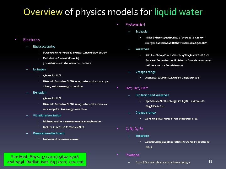 Overview of physics models for liquid water • Protons & H – • Excitation