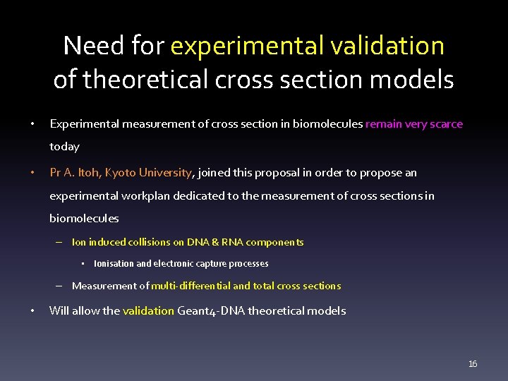 Need for experimental validation of theoretical cross section models • Experimental measurement of cross