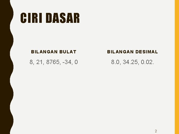 CIRI DASAR BILANGAN BULAT BILANGAN DESIMAL 8, 21, 8765, -34, 0 8. 0, 34.