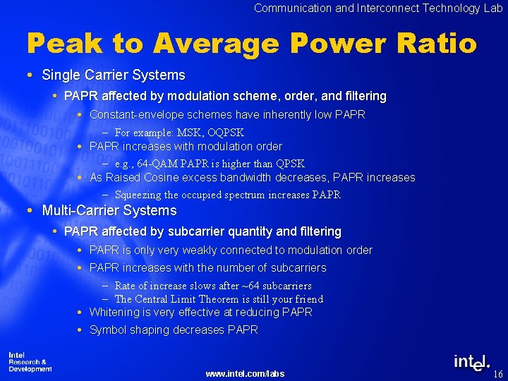 Communication and Interconnect Technology Lab Peak to Average Power Ratio Single Carrier Systems PAPR