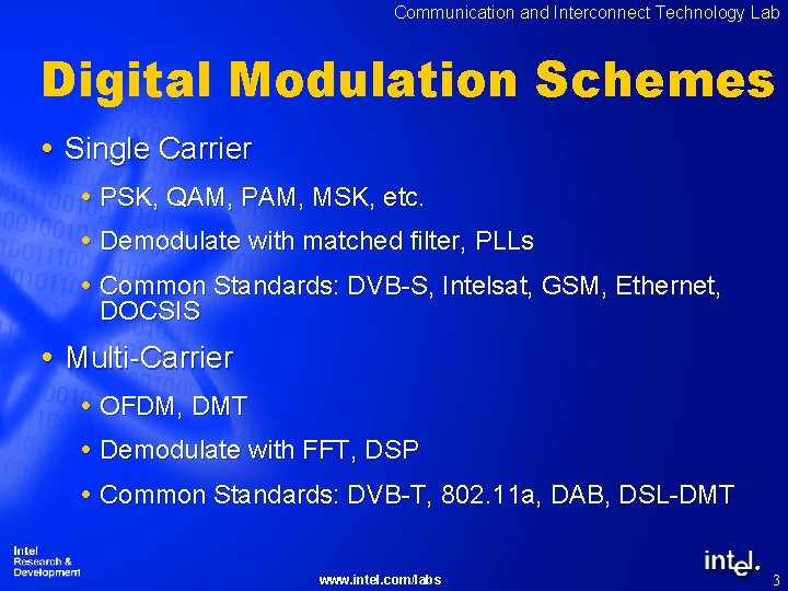Communication and Interconnect Technology Lab Digital Modulation Schemes Single Carrier PSK, QAM, PAM, MSK,