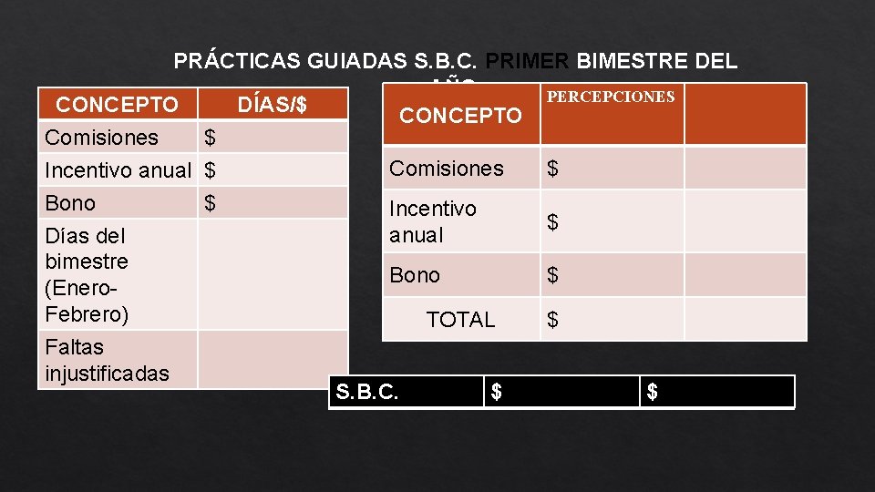 PRÁCTICAS GUIADAS S. B. C. PRIMER BIMESTRE DEL AÑO. PERCEPCIONES CONCEPTO DÍAS/$ CONCEPTO Comisiones