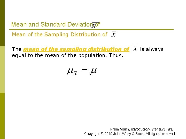 Mean and Standard Deviation of Mean of the Sampling Distribution of The mean of