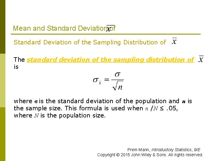 Mean and Standard Deviation of the Sampling Distribution of The standard deviation of the