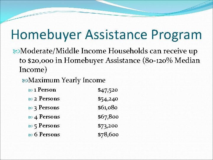 Homebuyer Assistance Program Moderate/Middle Income Households can receive up to $20, 000 in Homebuyer