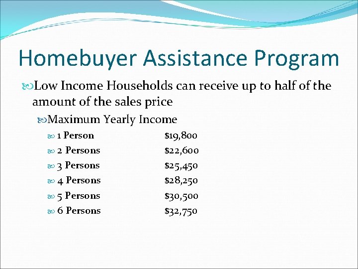 Homebuyer Assistance Program Low Income Households can receive up to half of the amount