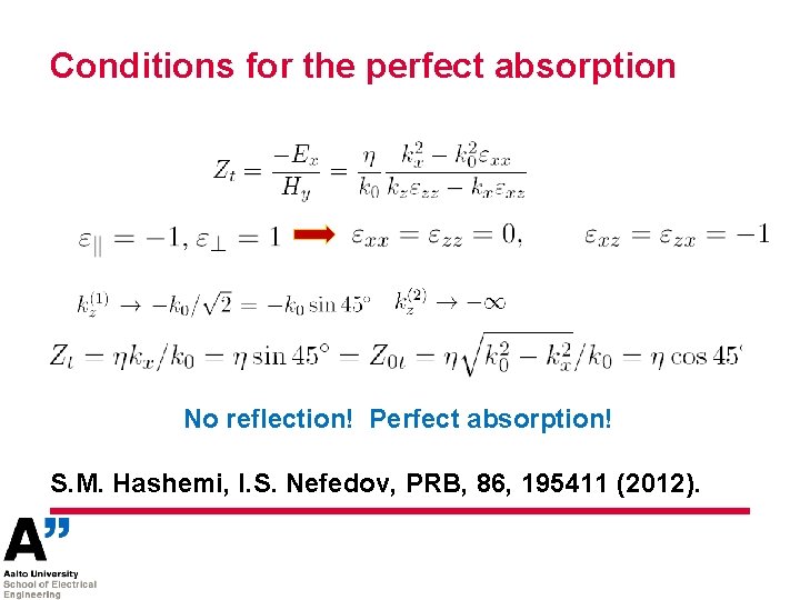 Conditions for the perfect absorption No reflection! Perfect absorption! S. M. Hashemi, I. S.