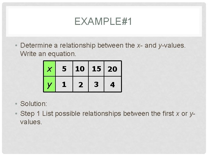 EXAMPLE#1 • Determine a relationship between the x- and y-values. Write an equation. x