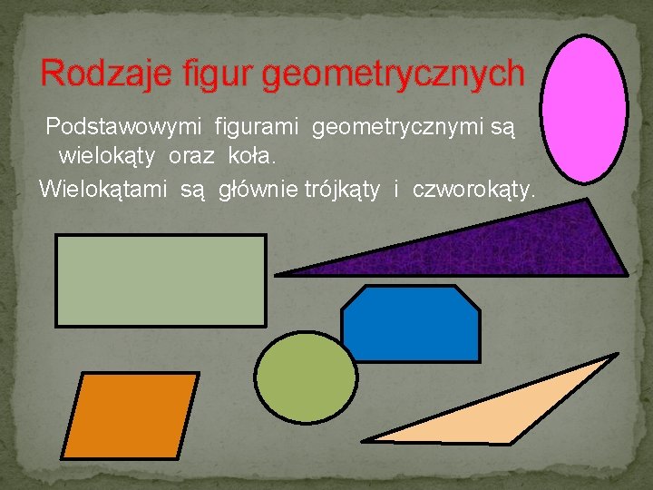 Rodzaje figur geometrycznych Podstawowymi figurami geometrycznymi są wielokąty oraz koła. Wielokątami są głównie trójkąty