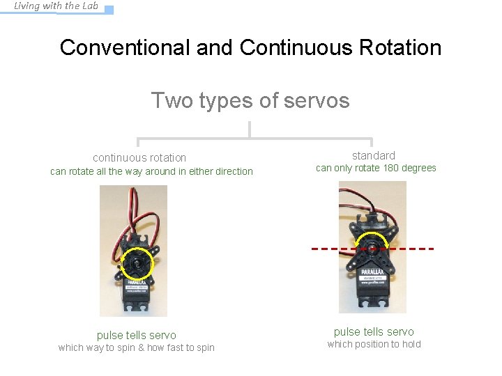 Living with the Lab Conventional and Continuous Rotation Two types of servos continuous rotation
