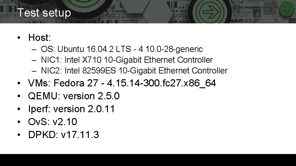 Test setup • Host: – OS: Ubuntu 16. 04. 2 LTS - 4. 10.