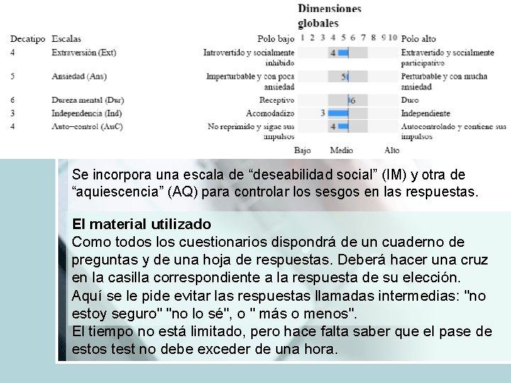 Se incorpora una escala de “deseabilidad social” (IM) y otra de “aquiescencia” (AQ) para