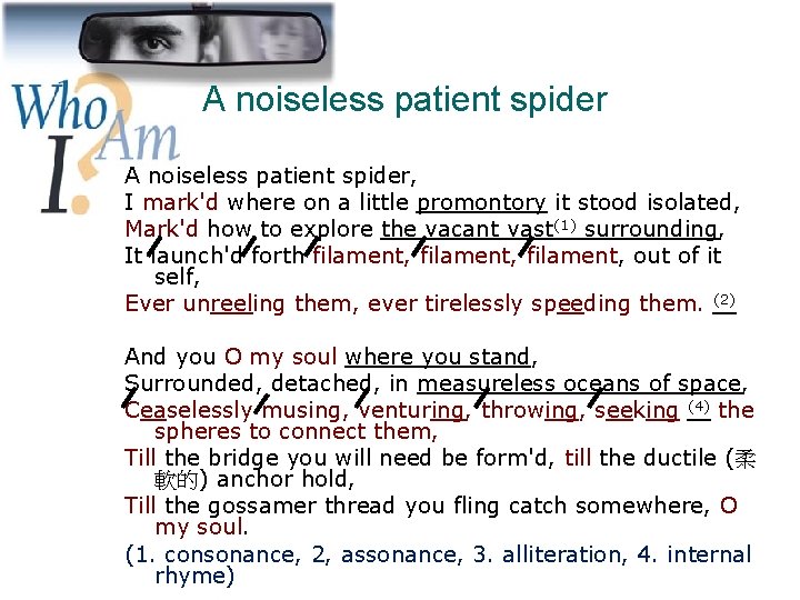 A noiseless patient spider, I mark'd where on a little promontory it stood isolated,