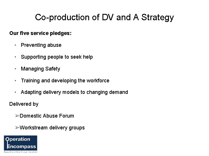 Co-production of DV and A Strategy Our five service pledges: • Preventing abuse •