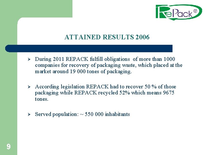 ATTAINED RESULTS 2006 9 Ø During 2011 REPACK fulfill obligations of more than 1000