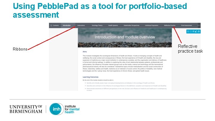Using Pebble. Pad as a tool for portfolio-based assessment Ribbons Reflective practice task 