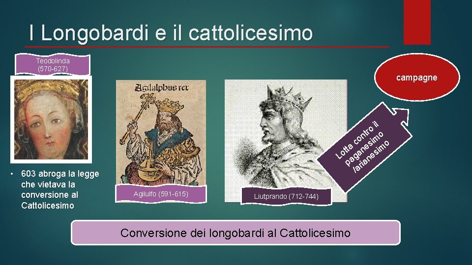 I Longobardi e il cattolicesimo Teodolinda (570 -627) • 603 abroga la legge che