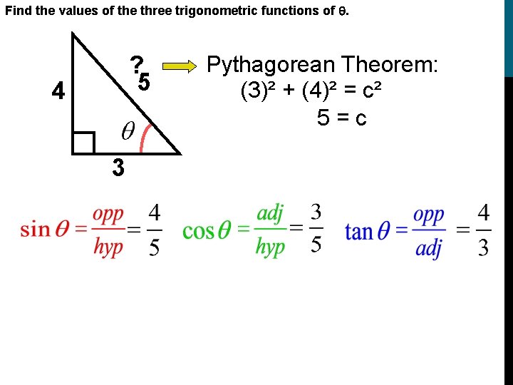 Find the values of the three trigonometric functions of . Pythagorean Theorem: (3)² +