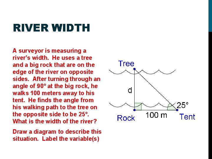 RIVER WIDTH A surveyor is measuring a river’s width. He uses a tree and