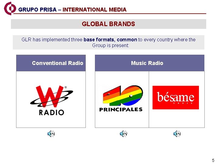 GRUPO PRISA – INTERNATIONAL MEDIA GLOBAL BRANDS GLR has implemented three base formats, common
