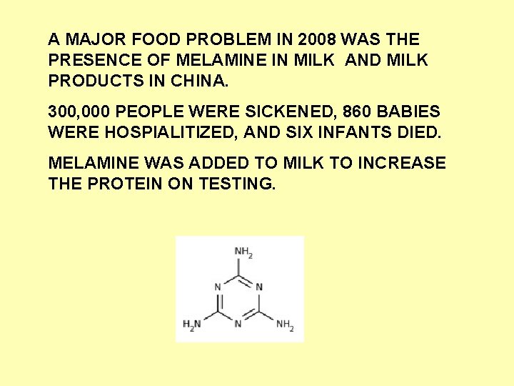 A MAJOR FOOD PROBLEM IN 2008 WAS THE PRESENCE OF MELAMINE IN MILK AND