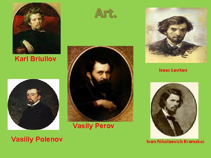 Art. Karl Briullov Isaac Levitan Vasily Perov Vasiliy Polenov Ivan Nikolaevich Kramskoi 