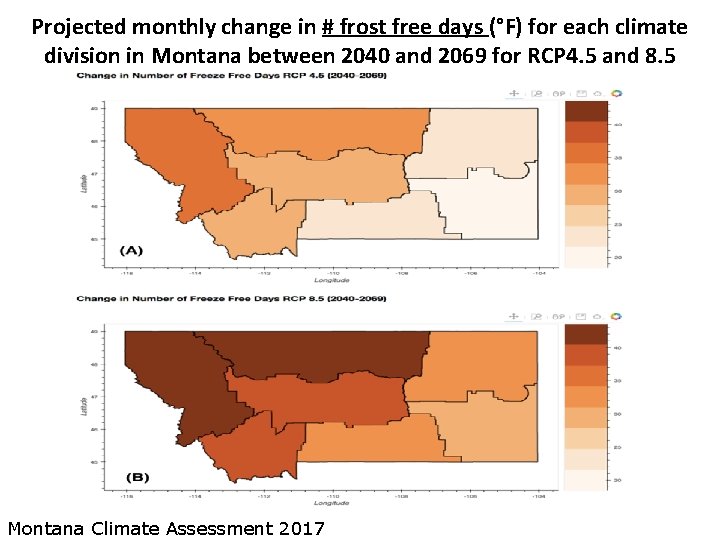 Projected monthly change in # frost free days (°F) for each climate division in Projected monthly change in # frost free days (°F) for each climate division in
