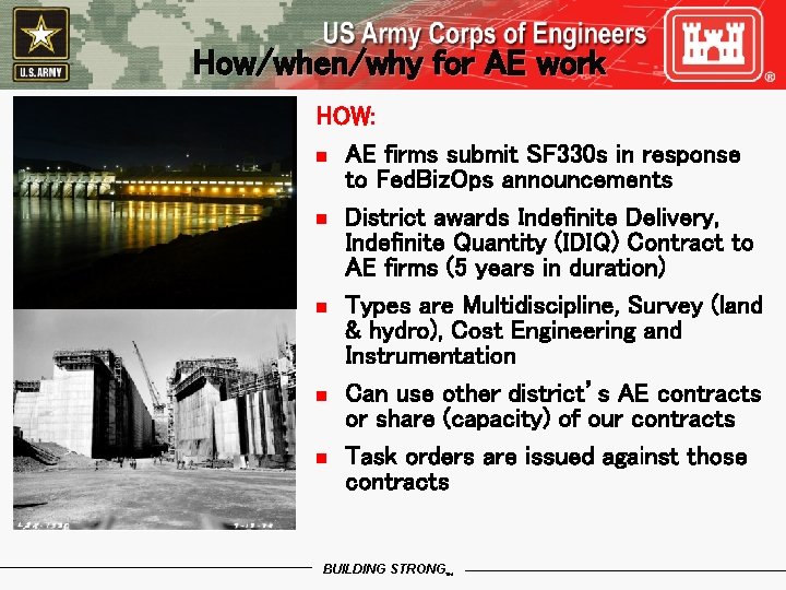 How/when/why for AE work HOW: n AE firms submit SF 330 s in response