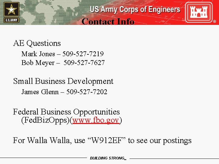 Contact Info AE Questions Mark Jones – 509 -527 -7219 Bob Meyer – 509