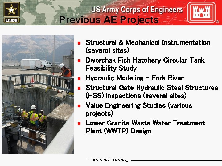 Previous AE Projects n n n Structural & Mechanical Instrumentation (several sites) Dworshak Fish
