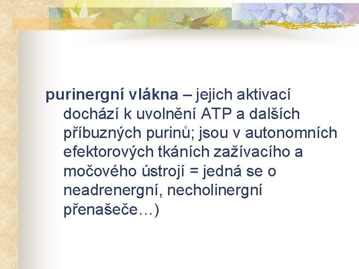 purinergní vlákna – jejich aktivací dochází k uvolnění ATP a dalších příbuzných purinů; jsou