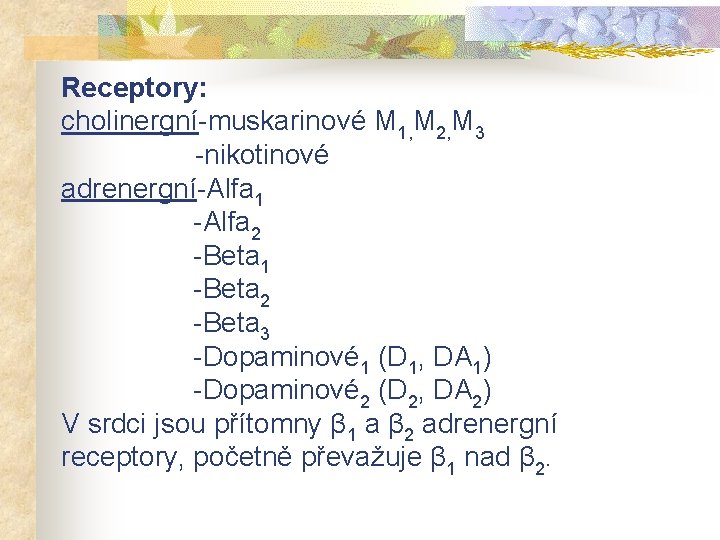 Receptory: cholinergní-muskarinové M 1, M 2, M 3 -nikotinové adrenergní-Alfa 1 -Alfa 2 -Beta