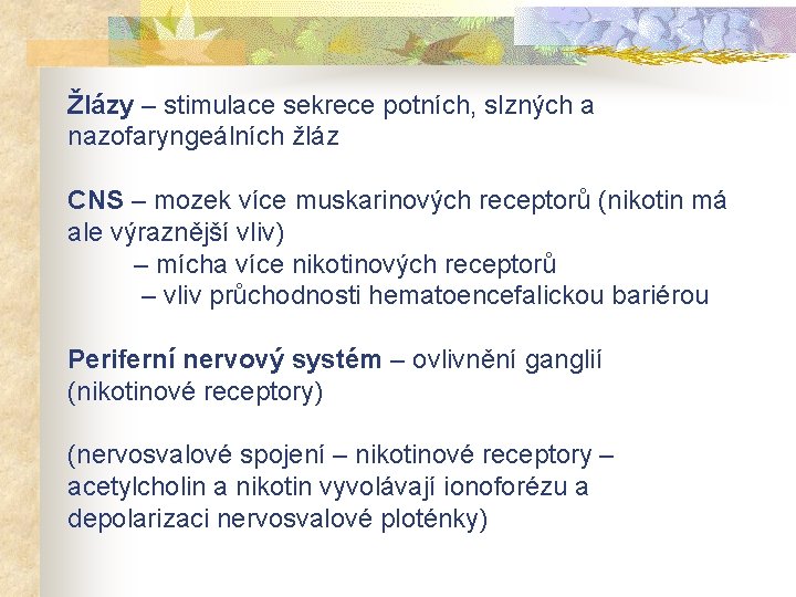 Žlázy – stimulace sekrece potních, slzných a nazofaryngeálních žláz CNS – mozek více muskarinových