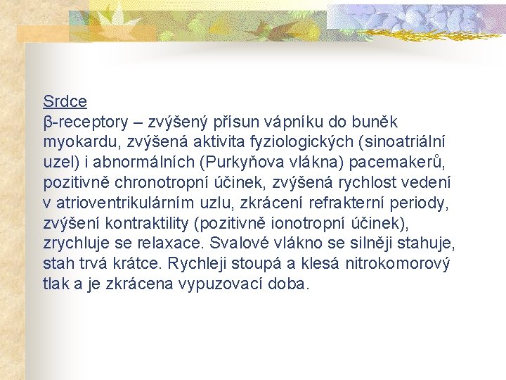 Srdce β-receptory – zvýšený přísun vápníku do buněk myokardu, zvýšená aktivita fyziologických (sinoatriální uzel)