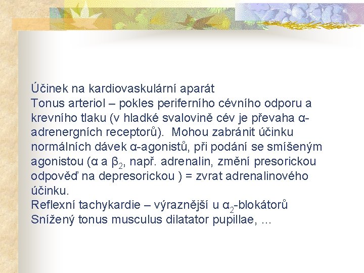 Účinek na kardiovaskulární aparát Tonus arteriol – pokles periferního cévního odporu a krevního tlaku