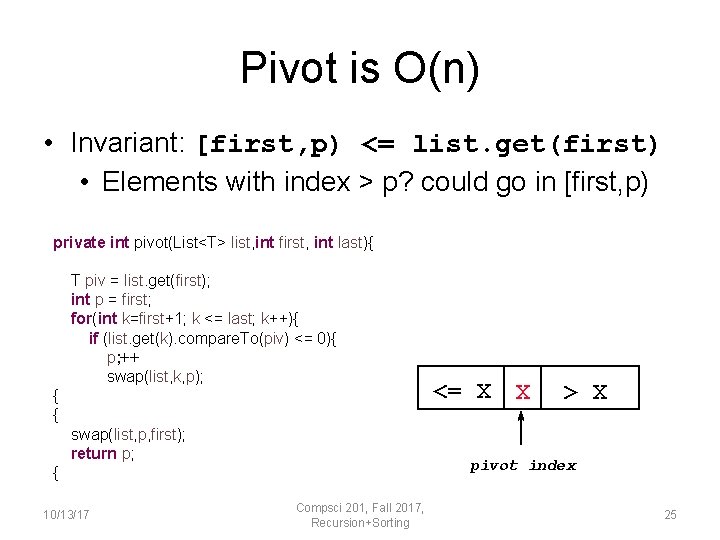 Pivot is O(n) • Invariant: [first, p) <= list. get(first) • Elements with index