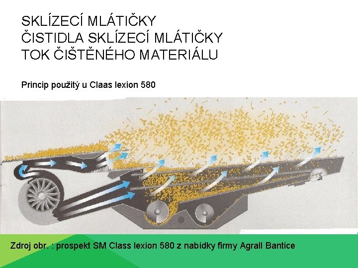 SKLÍZECÍ MLÁTIČKY ČISTIDLA SKLÍZECÍ MLÁTIČKY TOK ČIŠTĚNÉHO MATERIÁLU Princip použitý u Claas lexion 580