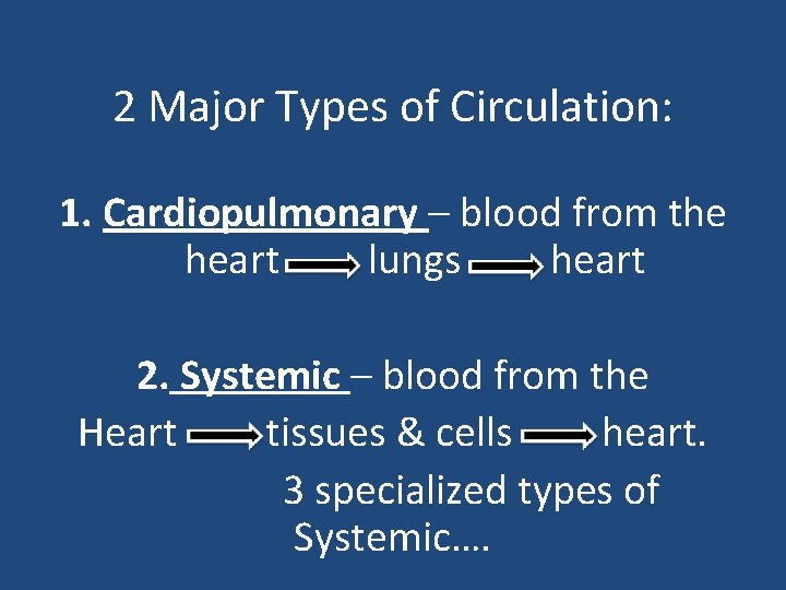 2 Major Types of Circulation: 1. Cardiopulmonary – blood from the heart lungs heart