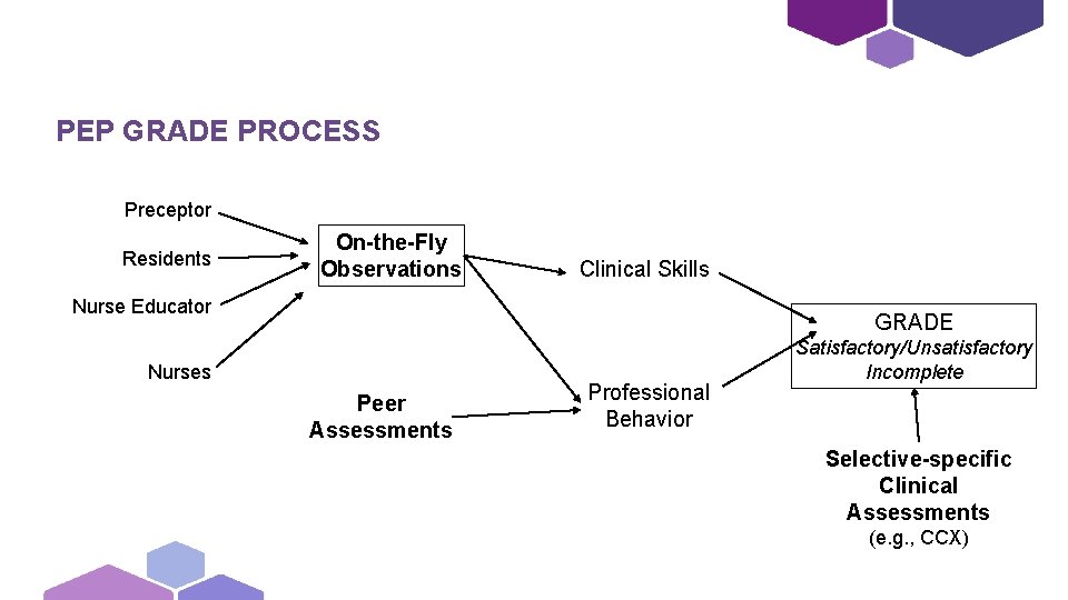 PEP GRADE PROCESS Preceptor Residents On-the-Fly Observations Clinical Skills Nurse Educator GRADE Nurses Peer