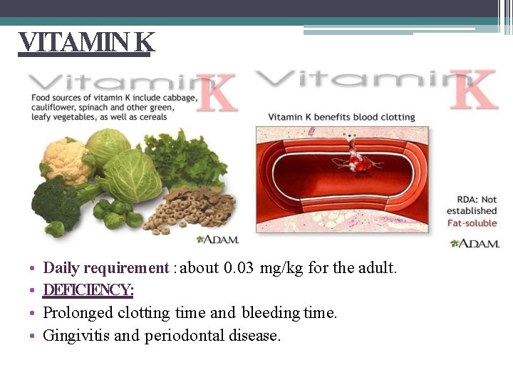 VITAMIN K • • Daily requirement : about 0. 03 mg/kg for the adult.