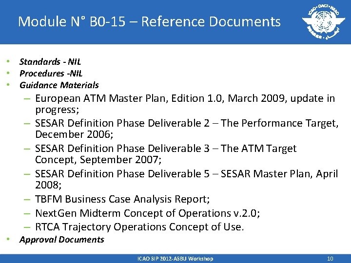 Module N° B 0 -15 – Reference Documents • Standards - NIL • Procedures