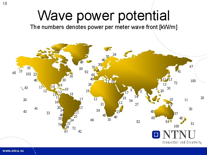 18 Wave power potential The numbers denotes power per meter wave front [k. W/m]