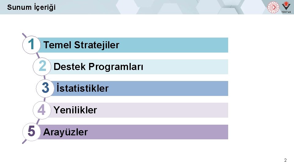 Sunum İçeriği 1 Temel Stratejiler 2 3 4 5 Destek Programları İstatistikler Yenilikler Arayüzler