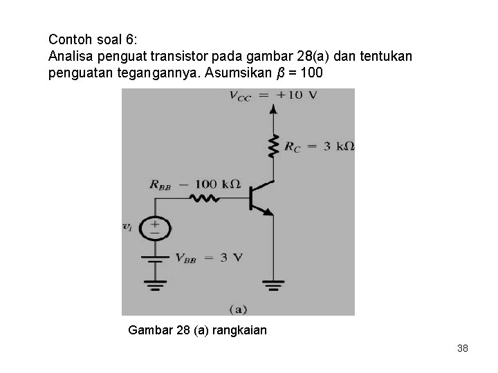 Contoh soal 6: Analisa penguat transistor pada gambar 28(a) dan tentukan penguatan tegangannya. Asumsikan