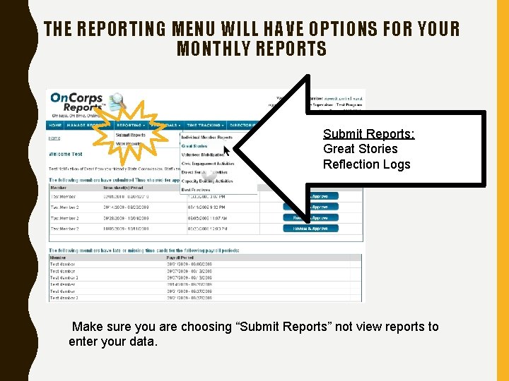 THE REPORTING MENU WILL HAVE OPTIONS FOR YOUR MONTHLY REPORTS Submit Reports: Great Stories