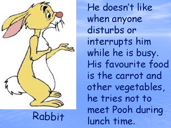 Rabbit He doesn’t like when anyone disturbs or interrupts him while he is busy.