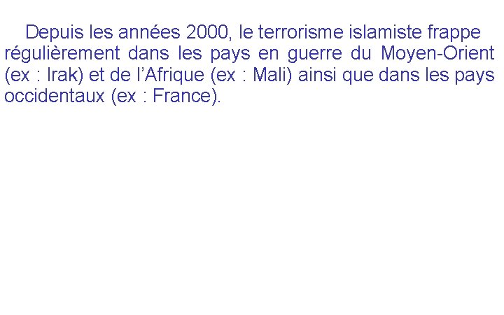 Depuis les années 2000, le terrorisme islamiste frappe régulièrement dans les pays en guerre