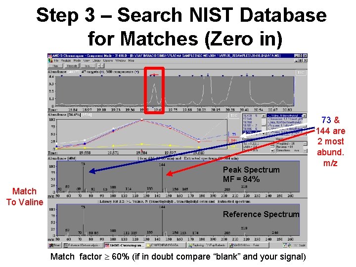 Step 3 – Search NIST Database for Matches (Zero in) Peak Spectrum MF =
